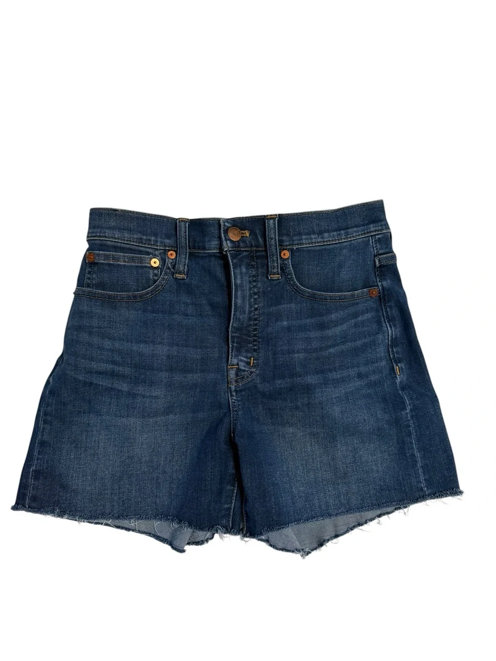 MADEWELL High Rise Raw Hem denim shorts blue women’s 25 coastal festival western